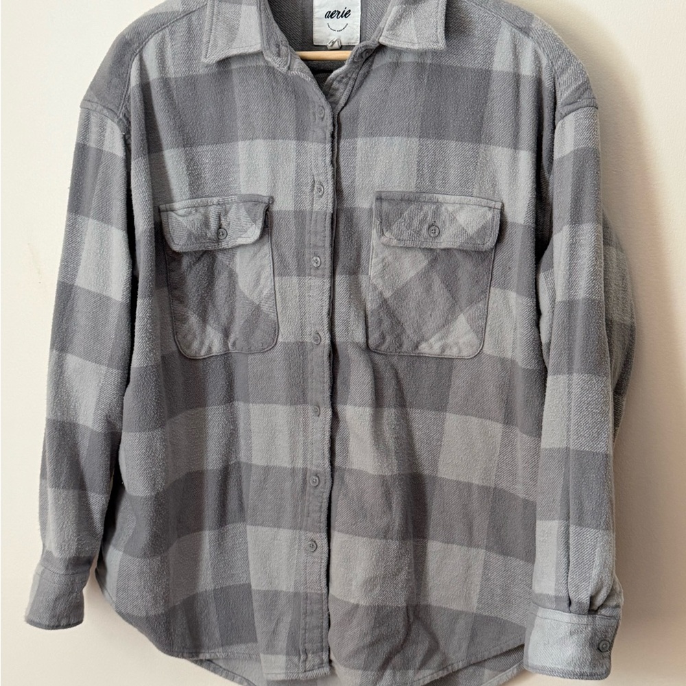 Aerie Soft Plaid Button-Up Oversized Shirt in Gray